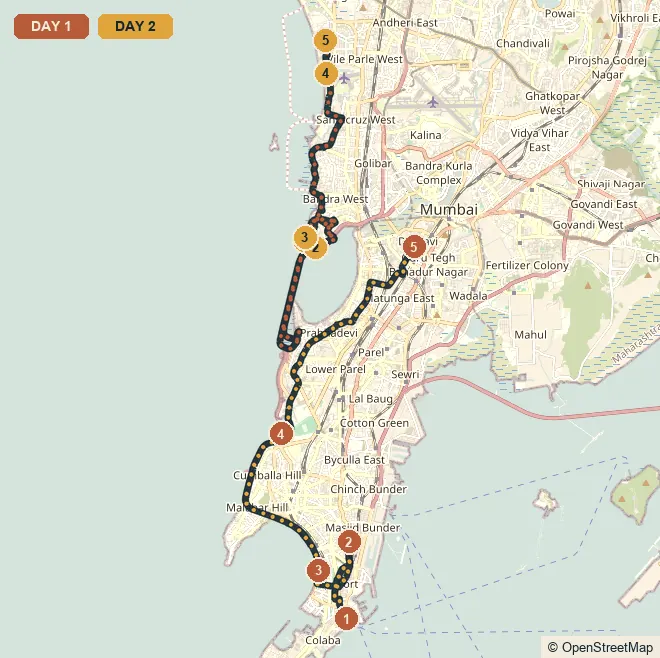 Route map. Day 1 · old city — Gateway of India, Marine Drive, Haji Ali, Crawford Market, Dharavi. Day 2 · suburbs — Bandstand, Mount Mary, Juhu, Iskcon, Bollywood homes.