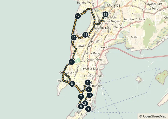 Route map. Gateway of India · CSMT · Marine Drive · Nariman Point · Haji Ali · Siddhivinayak · Chowpatty · Worli Seaface · Bandra–Worli Sea Link · Crawford Market · Rajabai Clock Tower · Mohammad Ali Road · Dharavi (from the car)