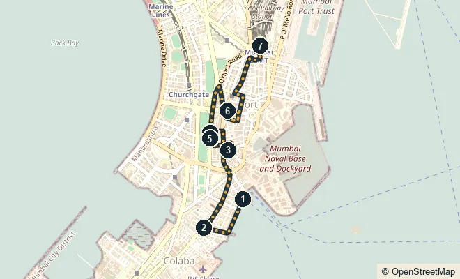 Route map. Gateway of India · Colaba Causeway · Kala Ghoda · Bombay High Court · University & Rajabai Clock Tower · Flora Fountain · CST · a cutting chai