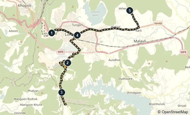 Route map. Khandala ghat viewpoints · Bhushi Dam · Tiger (Lion's) Point · Karla Caves · a roadside chikki shop