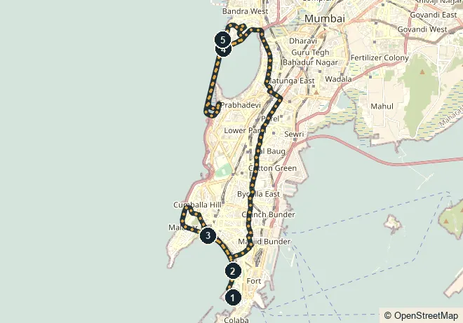 Route map. Marine Drive · Chowpatty · Nariman Point · Bandra–Worli Sea Link lit up · Bandra Bandstand · late-night street food