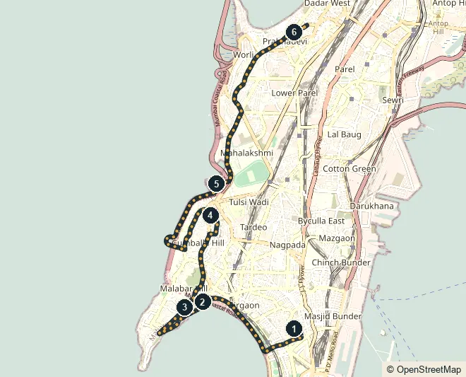 Route map. Haji Ali Dargah · Mahalakshmi Temple · a Jain temple · Babulnath Temple · Siddhivinayak · Mumbadevi